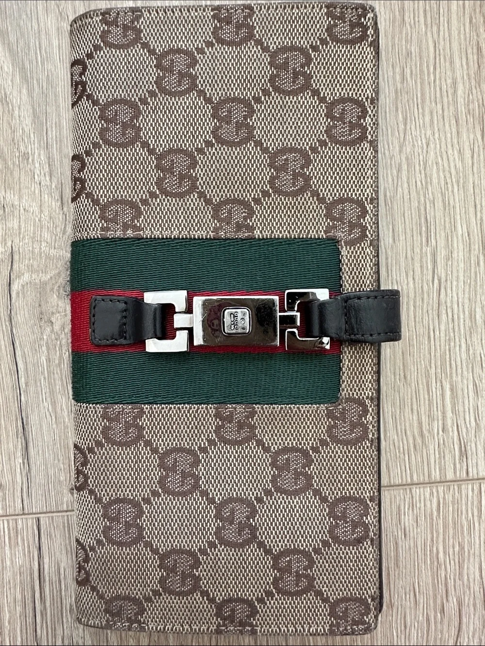 Gucci Brown Monogram Continental Wallet with Green and Red Web Stripe